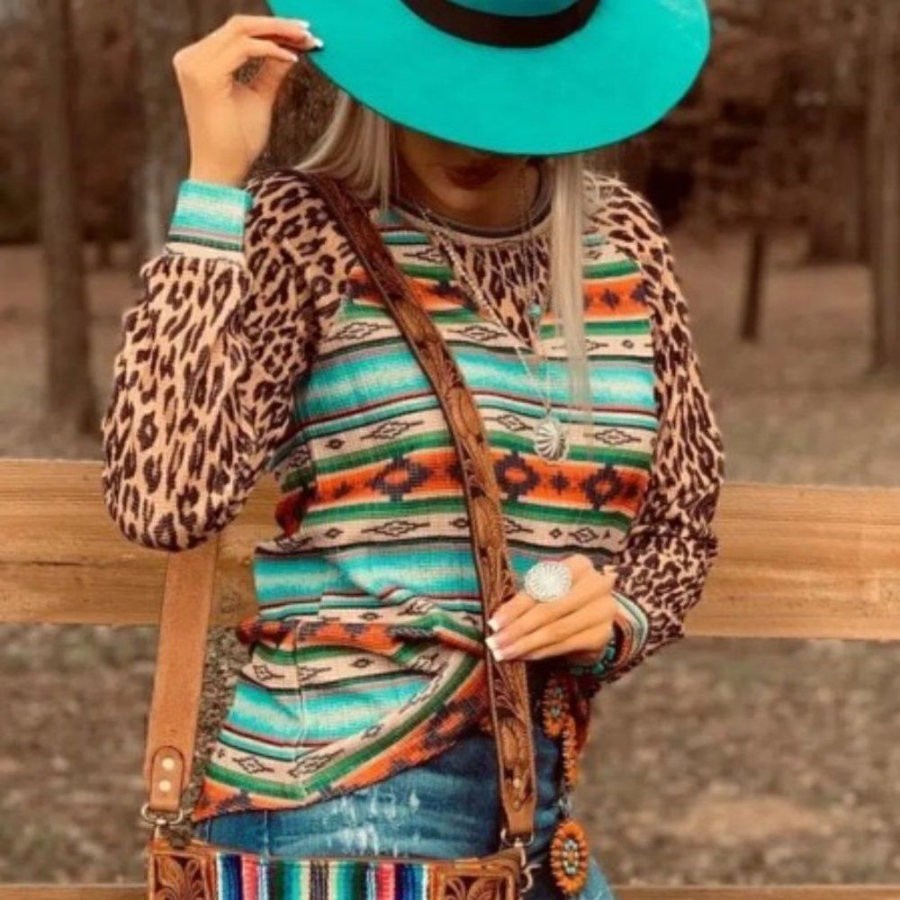 NATIVE TRIBAL LEOPARD PRINT BOHO WESTERN SHIRT